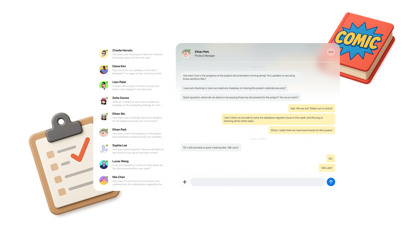 The Groundwork app: a list of team conversations beside an open thread with Ethan Park, where a blocked database migration is highlighted.